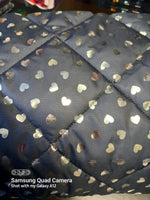 Navy foil hearts coat fabric